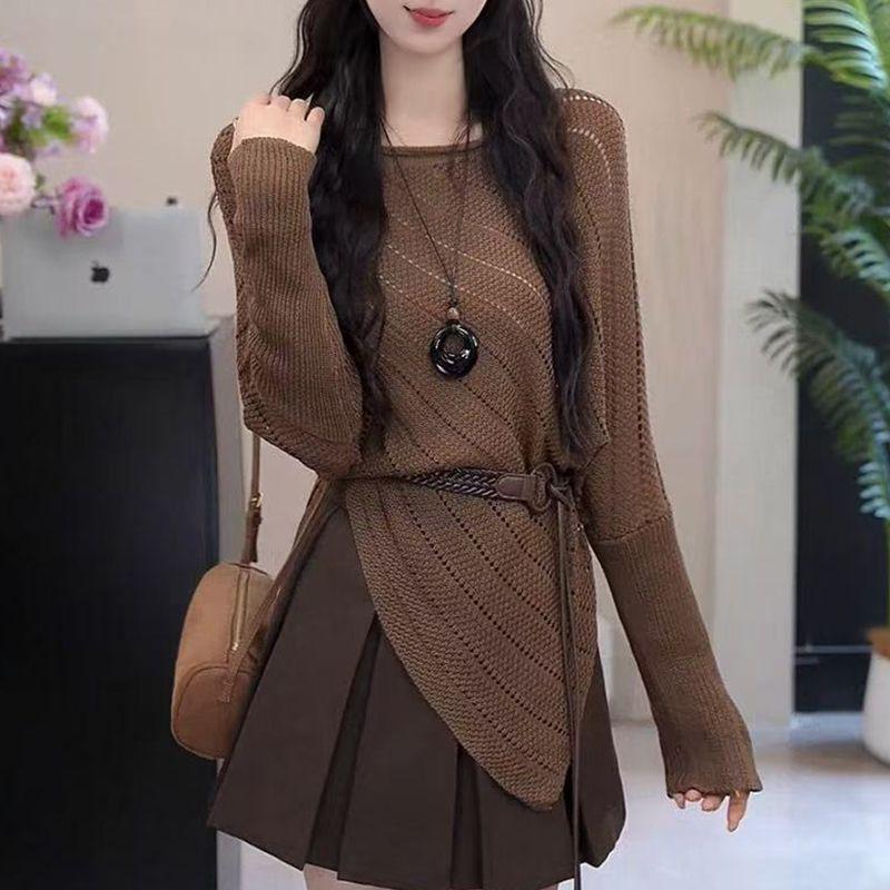 

Свитер с неровным низом и прорезями, с длинным рукавом, для женщин, 2025, новый, осенний, темпераментный, корейский, повседневный, универсальный топ M коричневый