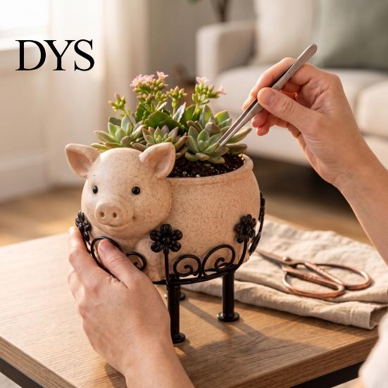 Cute Sheep Gift for Gardeners Farmhouse Planter Pot, Lamb Flower Pot with Metal Stand, Whimsical Animal Indoor Outdoor Greenery Holder Plant Container