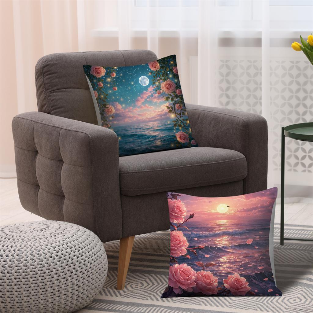 4Pcs Dreamy Rose Seaside View Digital Printing Pillow Cover Short Plush Suitable Living Rooms Bedrooms Sofas Throw Cushion Cover
