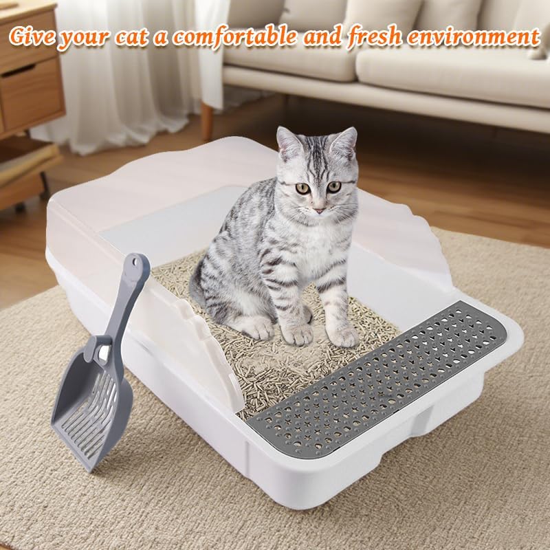 Open Cat Litter Box with High Side,Anti-Splashing Cats Litter Pan,Kitten Litter Box with Litter Sifter and Litter Mat,Semi-Enclosed Removable Kittens