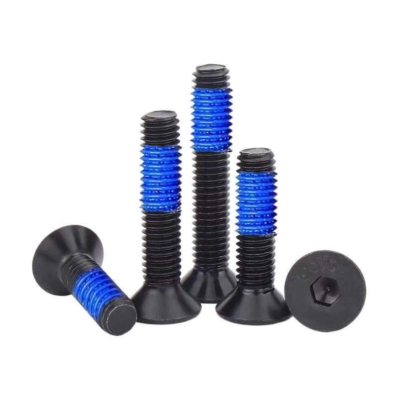 Black Anti-Slip Flat Cup Screw with Adhesive Blue Glue, Countersunk Hexagon Socket, Available in M2-M8 Sizes