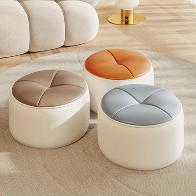 Nordic Faux Leather Round Stool, Small Pouf Ottoman for Sofa, Light Luxury Doorstep Shoe Changing Stool, Household Low Soft Seat