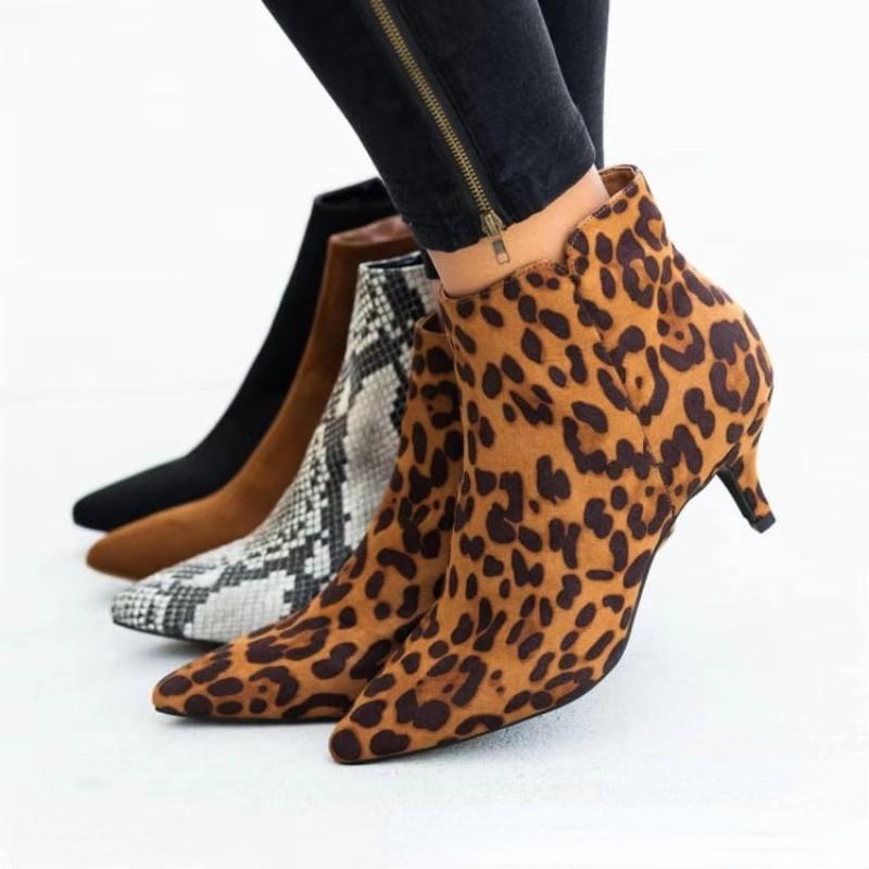Luxury Women's Boots Spring Pointed Toe Stiletto Ankle Boots Fashion Leopard Print Women High Heel Suede Side Zipper Boots 35-43