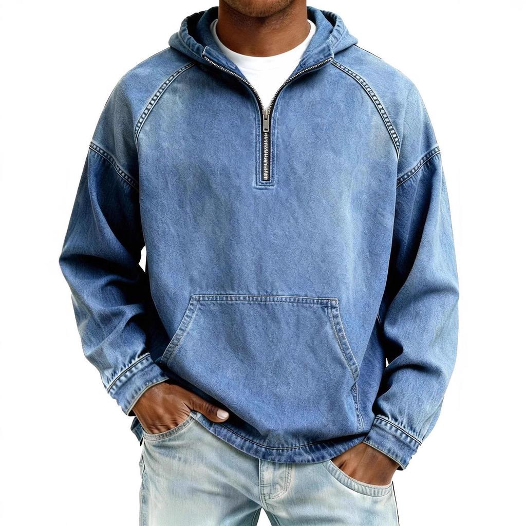 Men's Distressed Retro Long Sleeve Hooded Zip-Up Hoodie