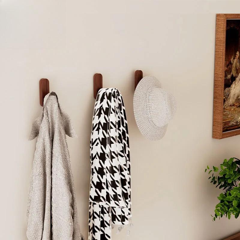 Self Adhesive Mounted Walnut Wood Wall Hooks for Hanging Coat Towel Clothes Blanket Hat Backpack Robe Entryway Key Holder