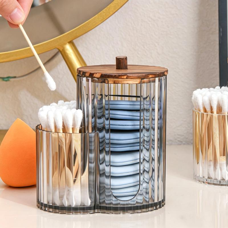 Makeup Pad Storage Holder with Lid Waterproof Cotton Swab Organizer Durable Plastic Bathroom Canister for Countertop Vanity Storage