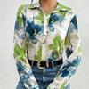Watercolor Floral Print Long Sleeve Shirt Top Women Summer French Chic Satin-Feel Blouse Loose Fit Resort Wear
