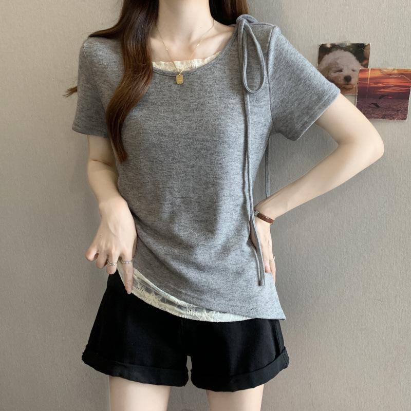 2026 Plus Size Korean Style Short Sleeve Patchwork Lace Cropped Top for Women M