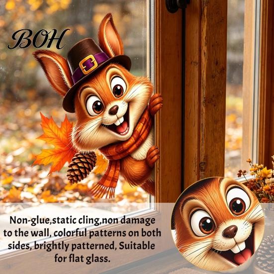 Decorative PVC Window Film Thanksgiving Sticker, Static Cling Fall Decal, Removable Autumn Decals Cute Animal Sticker for Holiday Decoration