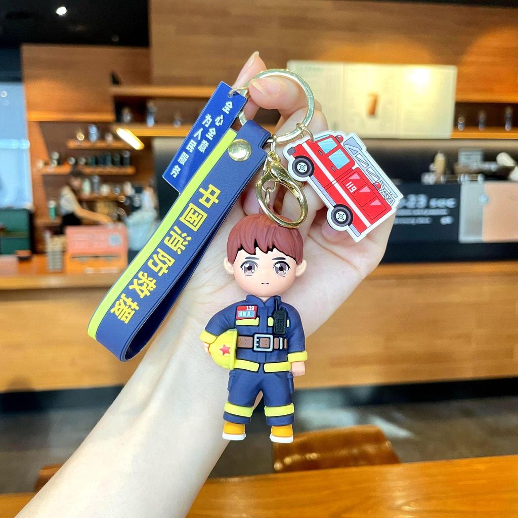 Cartoon Firefighter & Truck Keychain Pendant - Fun Souvenir & Small Gift