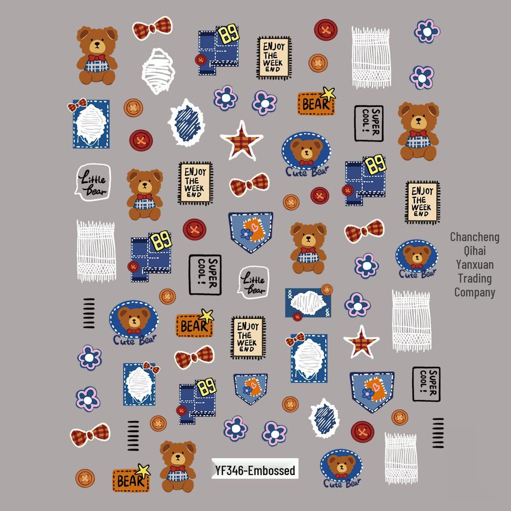 Patchwork Bear & Dora Adhesive Nail Stickers with Cute Heart and Camera Designs