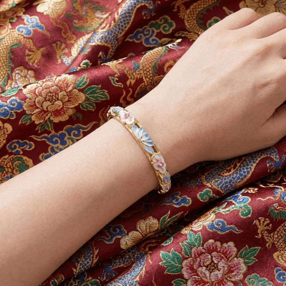 Gold Plated Enamel Floral Bangle Chinese Style Cloisonne Bangle Women's Flower Bracelet  Ladies