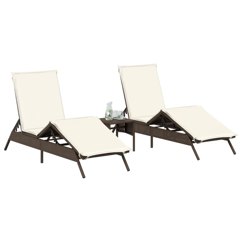 2 Piece Sun Lounger Set with Table Brown Poly Rattan