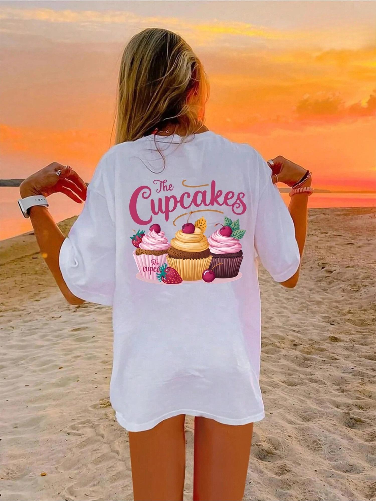 Wo S Cupcake Print T-Shirt - Adorable Dessert Short Sleeve Top Featuring Cupcake and Sprinkle Motif, Casual Crew Neck Blouse Perfect for Spring S белый