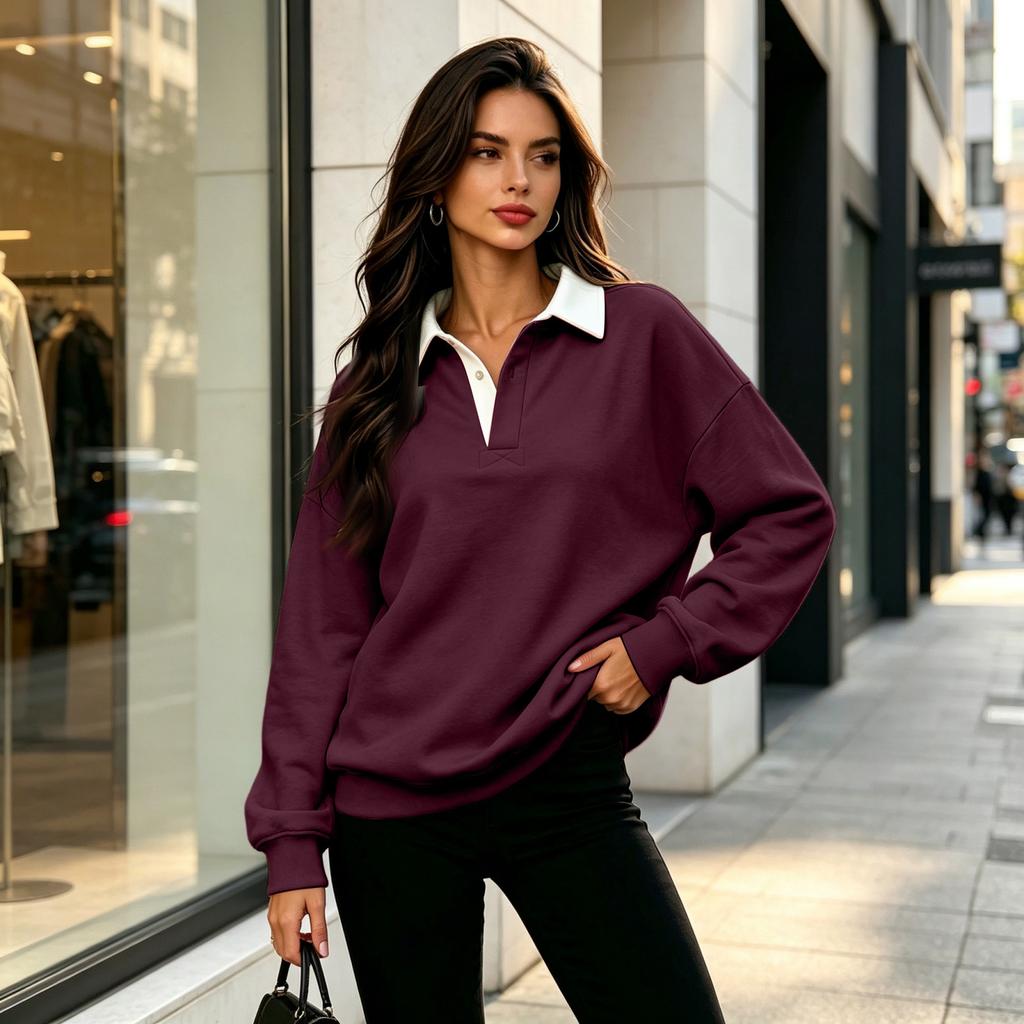 Women's Casual V-Neck Long Sleeve Color Pullover Sweatshirt for Everyday Wear