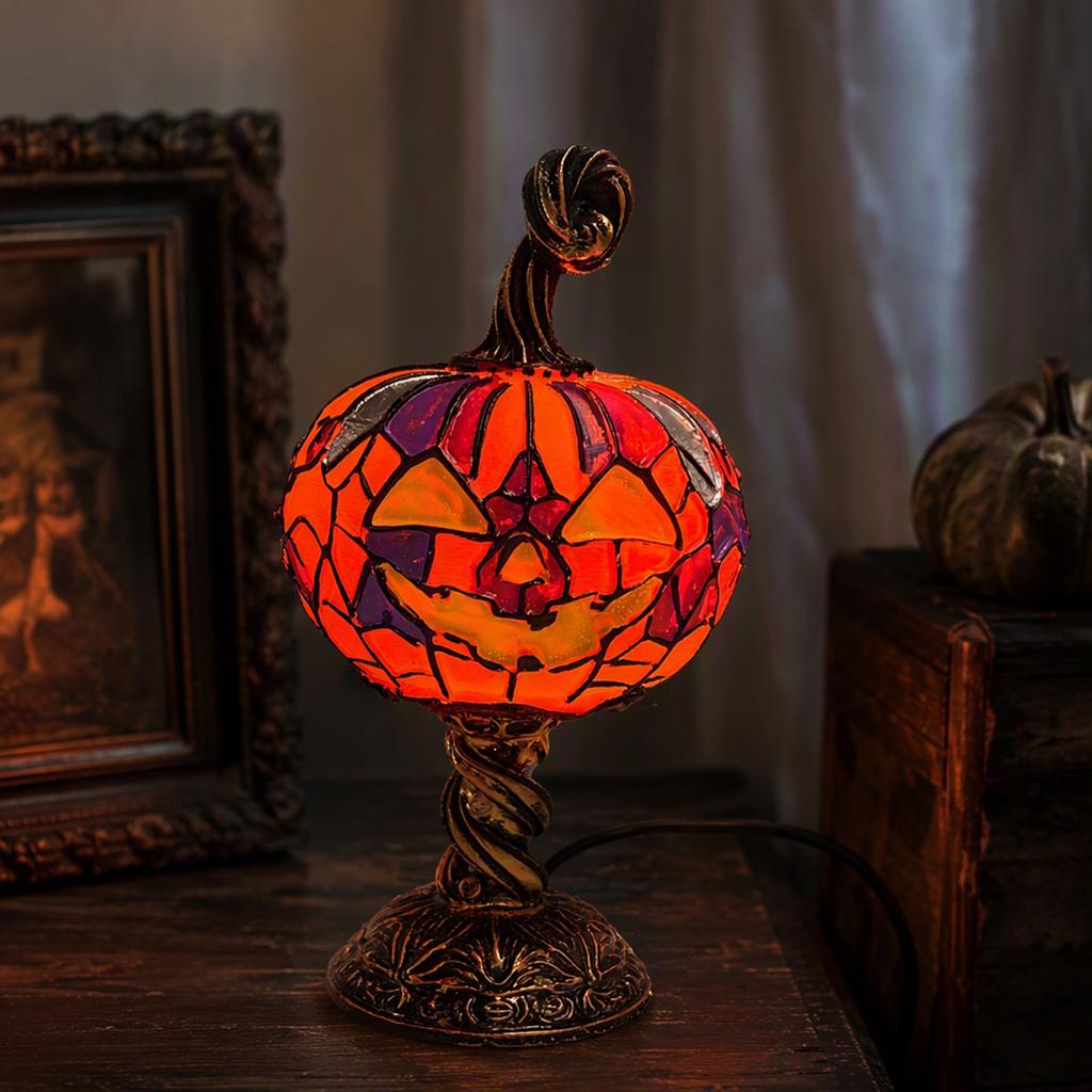 Halloween Magic Lamp Fade Resist Stained Glass Halloween Pumpkin Table Lamp Tabletop Ornament Lamps for Home Bedroom Living Room