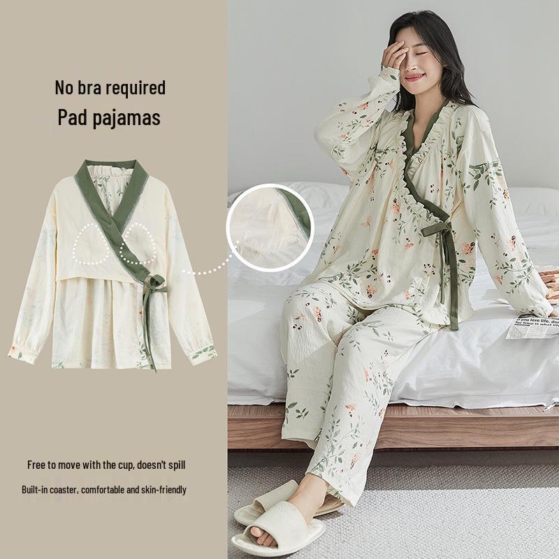 Damski kreskówkowy zestaw piżamowy z wkładkami na biust - Wiosenno-jesienna bawełna o fakturze chmury, Kardigan z długim rękawem, Cienki szlafrok, Odzież domowa i do noszenia na zewnątrz