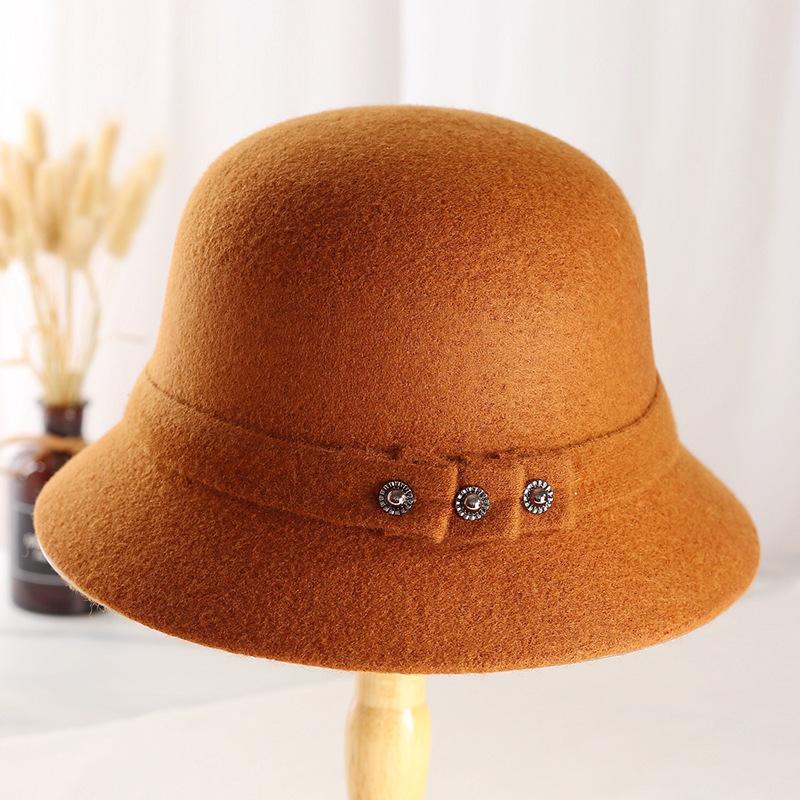 New button noble hat women's British retro dome basin hat autumn and winter short brim old wool top hat