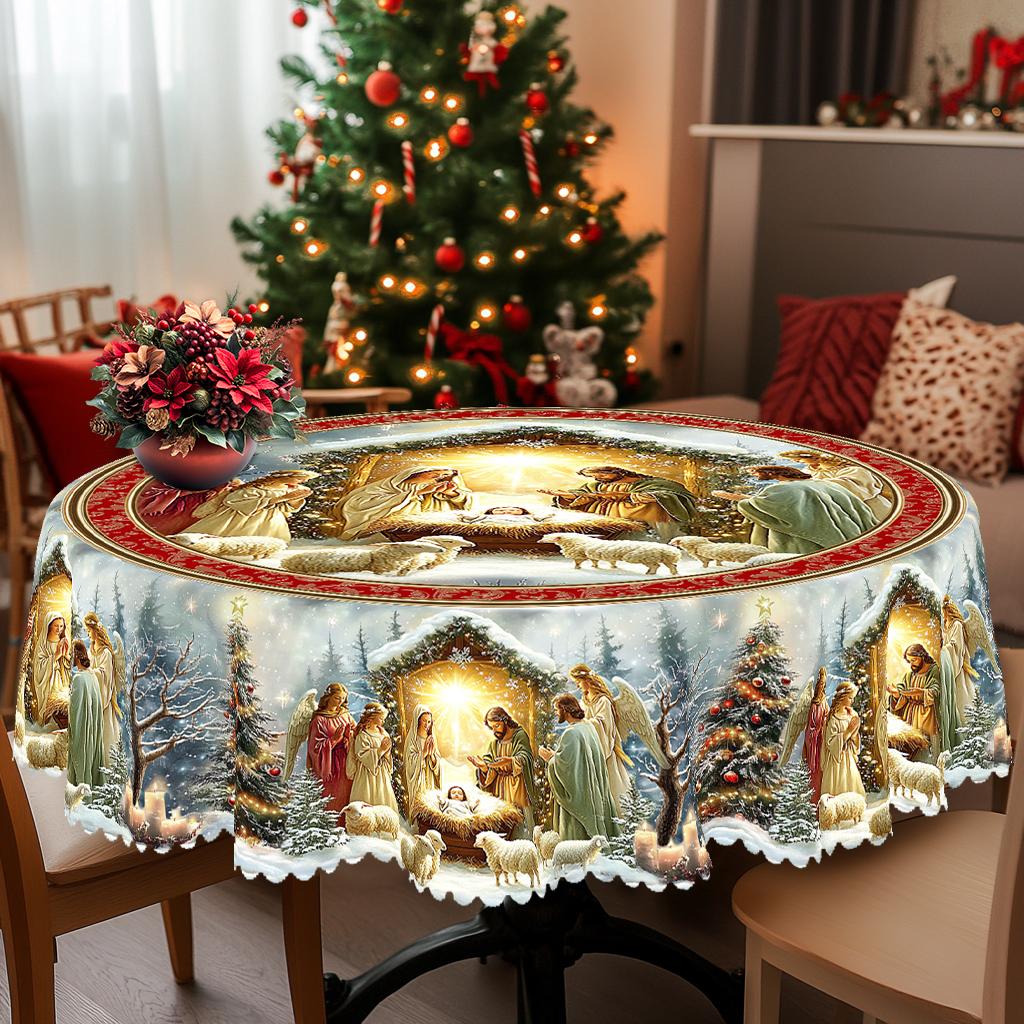 Kerst Vintage Boerderij Tafelkleed met Kerstman, rendieren & Kerstboom prints. Rechthoekige & ronde maten voor Kerst/Nieuwjaarsfeesten, keuken, binnen & Round (152)Cm