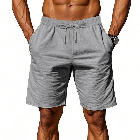 Men Summer Beach Shorts with Pockets Drawstring Elastic Waist Solid Color Versatile Casual Shorts for Daily Wear