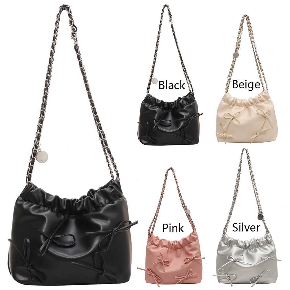 Women Pleated Crossbody Bag Large Capacity PU Bow Shoulder Bag Simple Messenger Bag Solid Color Hasp Closure for Party Vacation