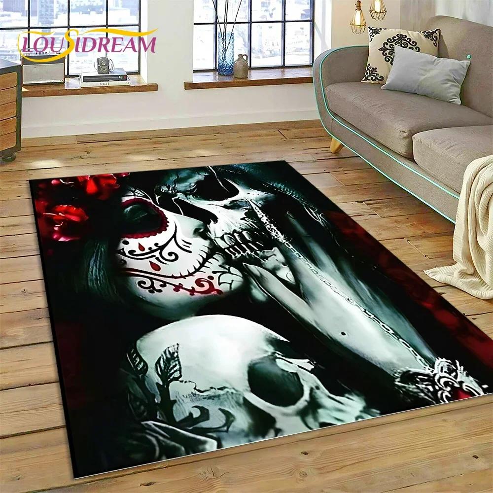 Totenkopf Totes Mädchen 3D Gothic Horror Weiblich Rose Teppich für Wohnzimmer Schlafzimmer Dekoration, Rutschfeste Dekoration für Sofa Fußmatte Geschenk