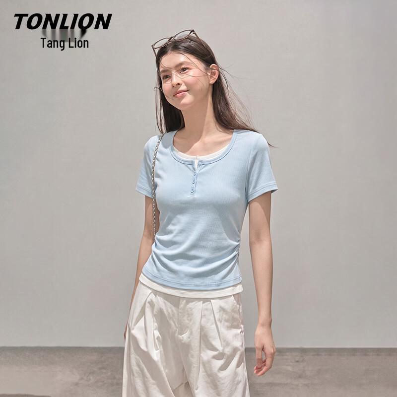 TonLion Women s Color Block Pleated Waist T-Shirt M