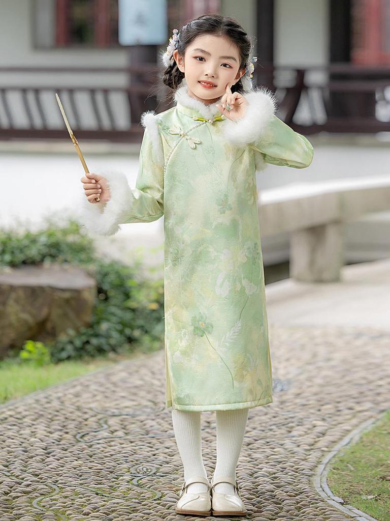 Winter-Samt-Qipao-Kleid für Mädchen 2025 - Chinesischer Stil Rock mit langen Ärmeln