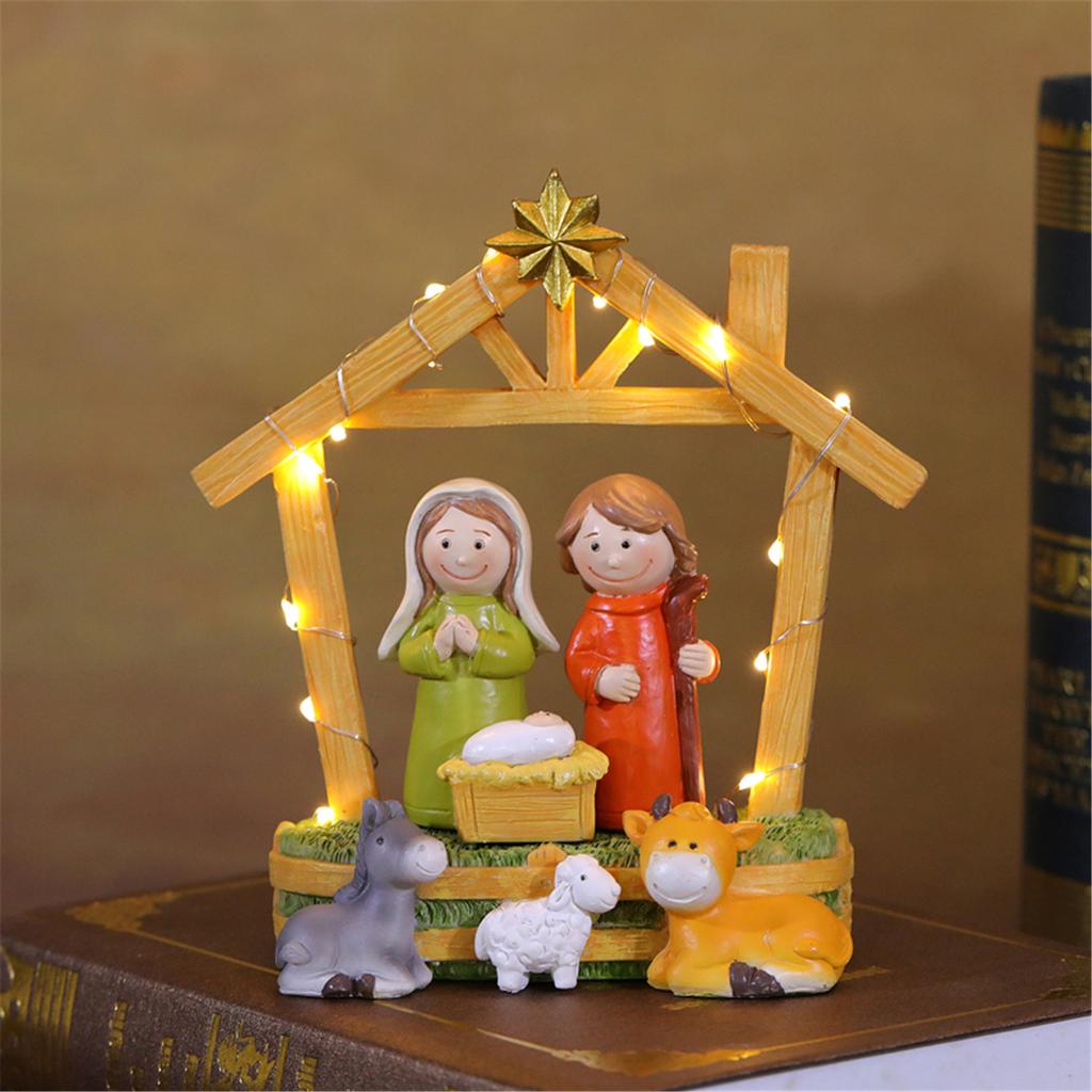 LED Lighted Festival Resins Nativity Figurines Ornament Set Holiday Tabletop Decoration for Christmas Party Decors Gift