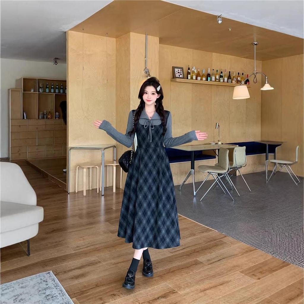Plus Size Plaid Two-Piece Look Dress - Spring 2026 Slimming Long-Sleeved Waist-Cinched Skirt for Women