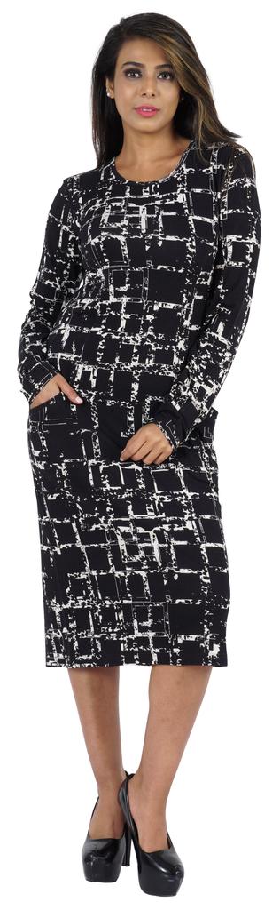Bimba Printed Long Bodycon Dress With Pockets For Women Full Sleeves Dress Midi