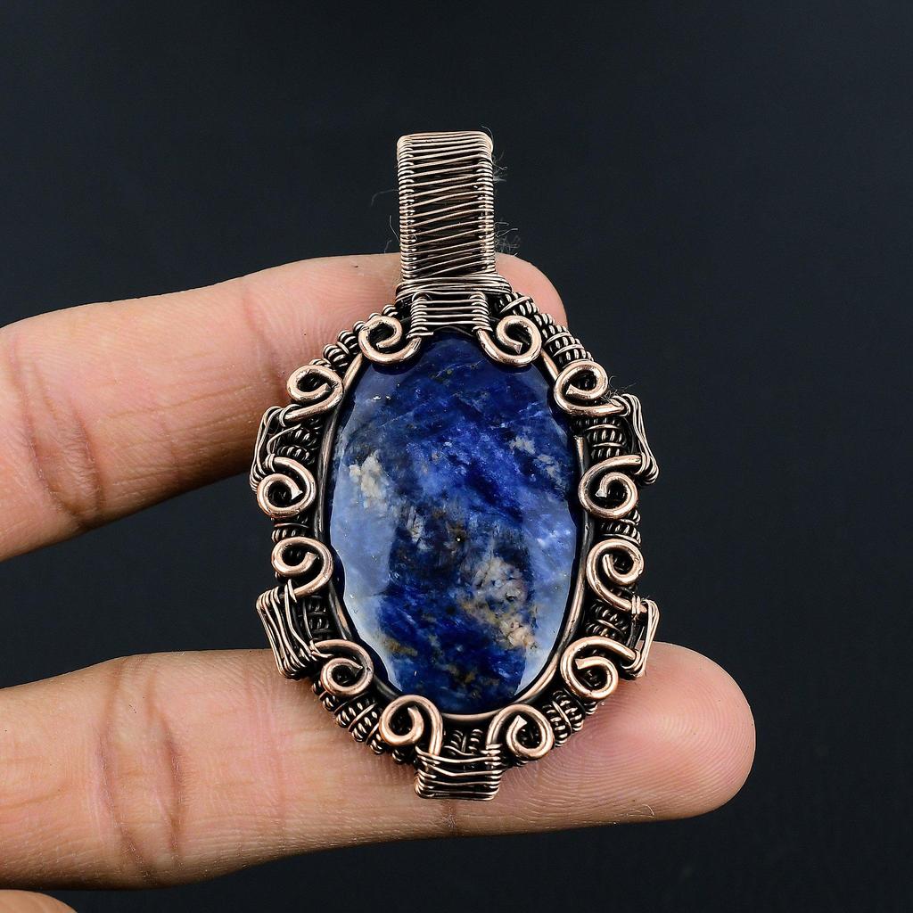 Sodalite Pendant, Handmade Gemstone Pendant, 999 Copper Wire Wrapped Pendant Antique Jewelry, For Engagement Gift