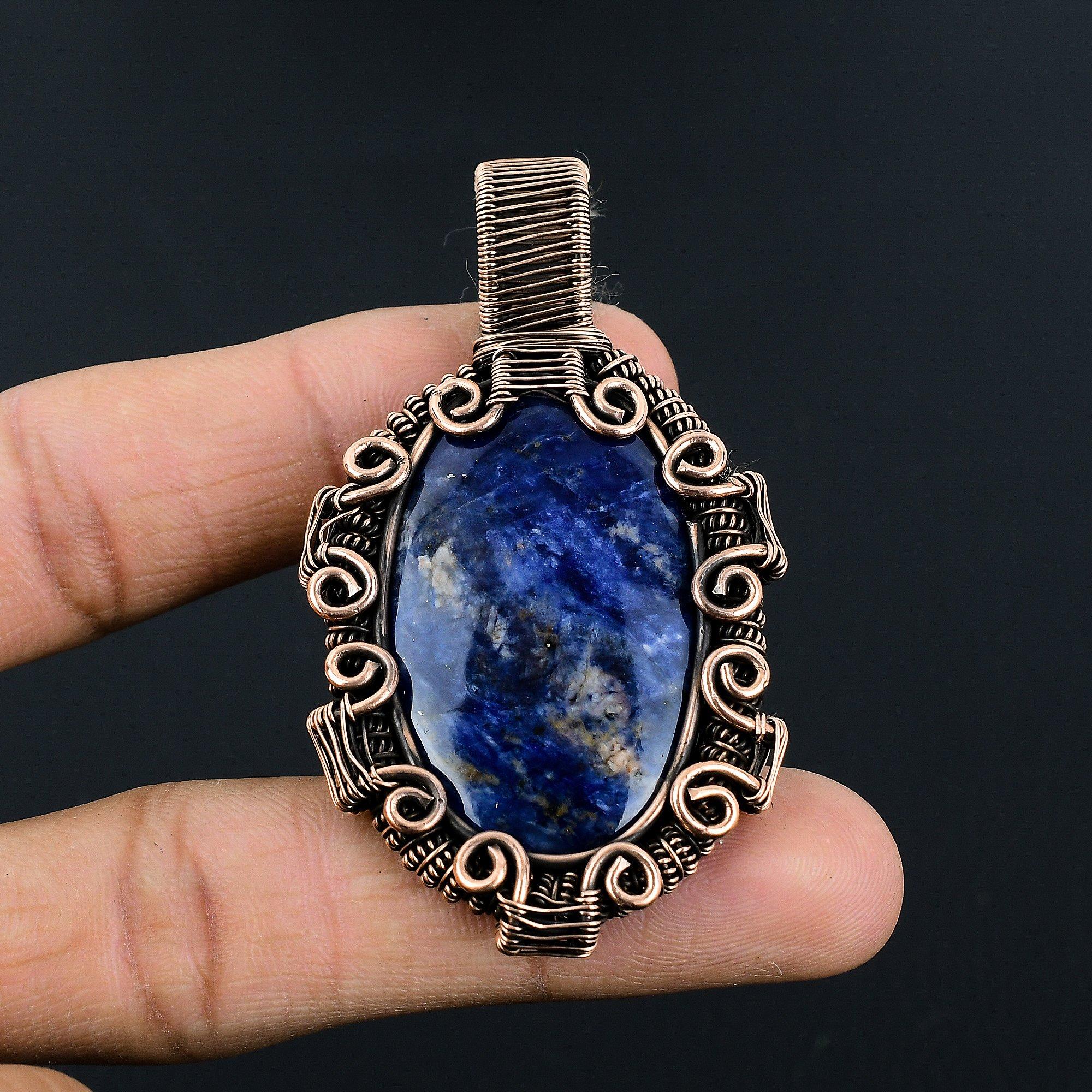 

Sodalite Pendant, Handmade Gemstone Pendant, 999 Copper Wire Wrapped Pendant Antique Jewelry, For Engagement Gift 2.55