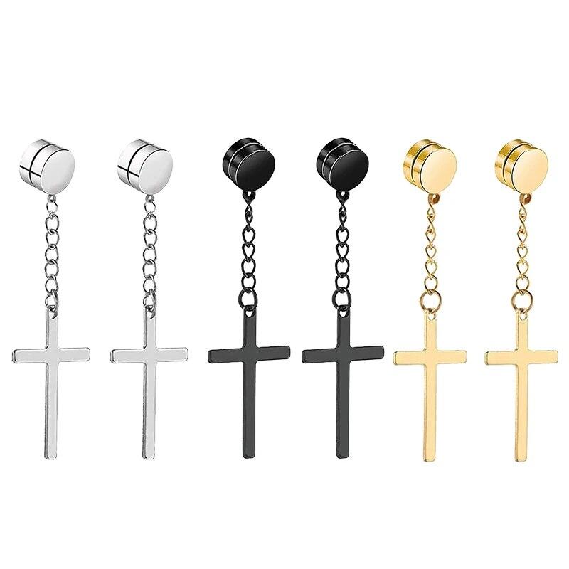 

2pcs Punk Mens Strong Magnet Magnetic Cross Ear Stud Set Non Piercing Earrings Fake Earrings Gift for Boyfriend Lover Jewelry