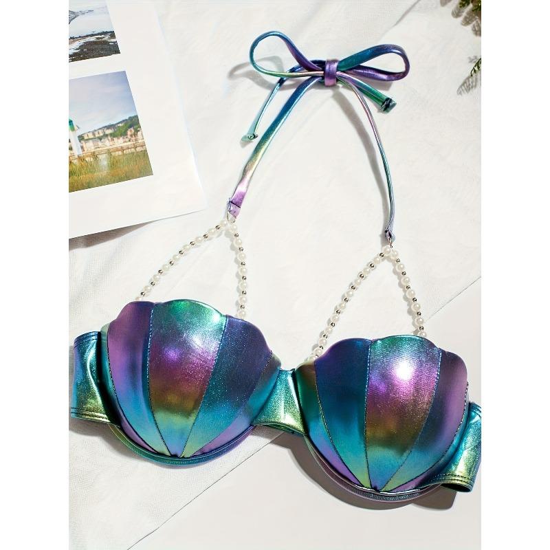 Sexy Petal Bikini Swimsuit Solid Color Petal Cup Pearl Chain Steel Band Bikini Top