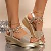 Wedge sandals summer new thick-soled muffin rhinestone waterproof table high-heeled Roman shoes