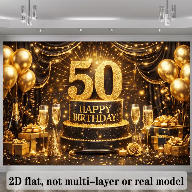 2D 50th Happy Birthday Black Gold Champagne Background Cloth 50th Birthday Party Decoration