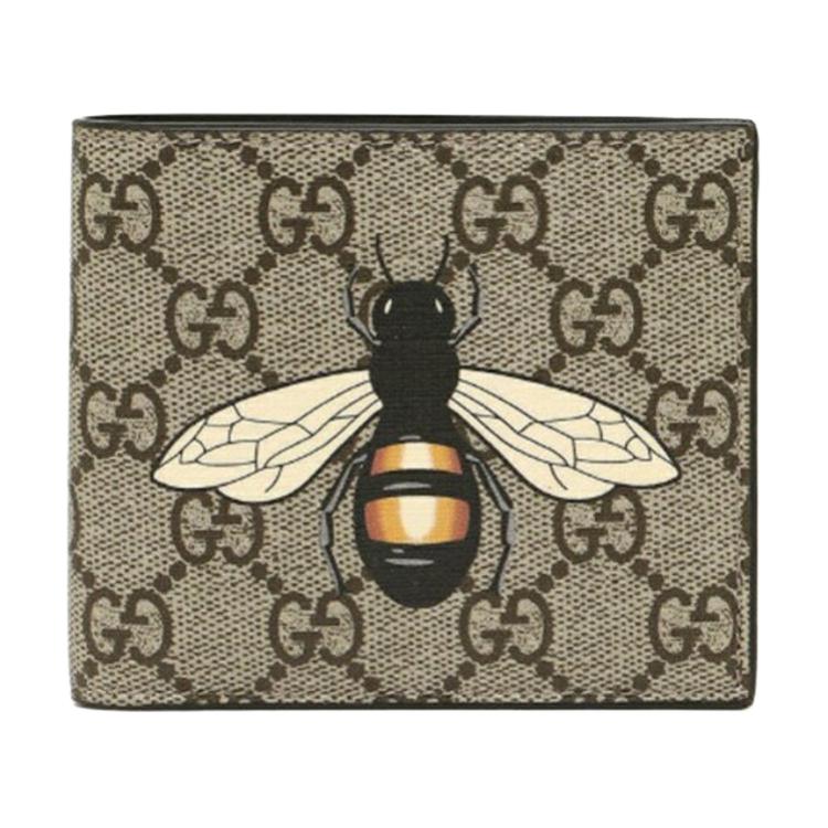 Gucci Bienenprint Logo Kurzes doppelt gefaltetes Canvas und Leder Portemonnaie Herren Portemonnaie Ebenholz 451268K5V1N8666