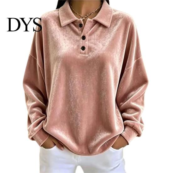 Lady Pullover Shirt Women Velvet Shirt, 3-Button Collared Casual Blouse, Solid Color Loose Long Sleeve Top for Daily Wear Work