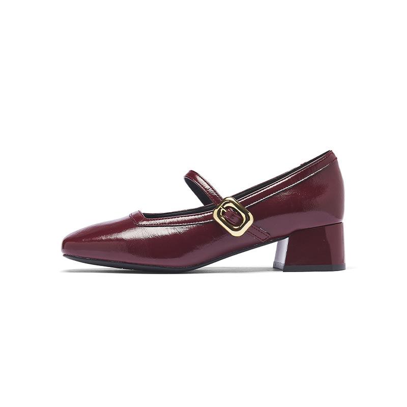 Augustine Red Mary Jane Single Shoes Women's 2025 New Autumn French Square Head Shallow Mouth Late Evening Wind Small Leather Shoes