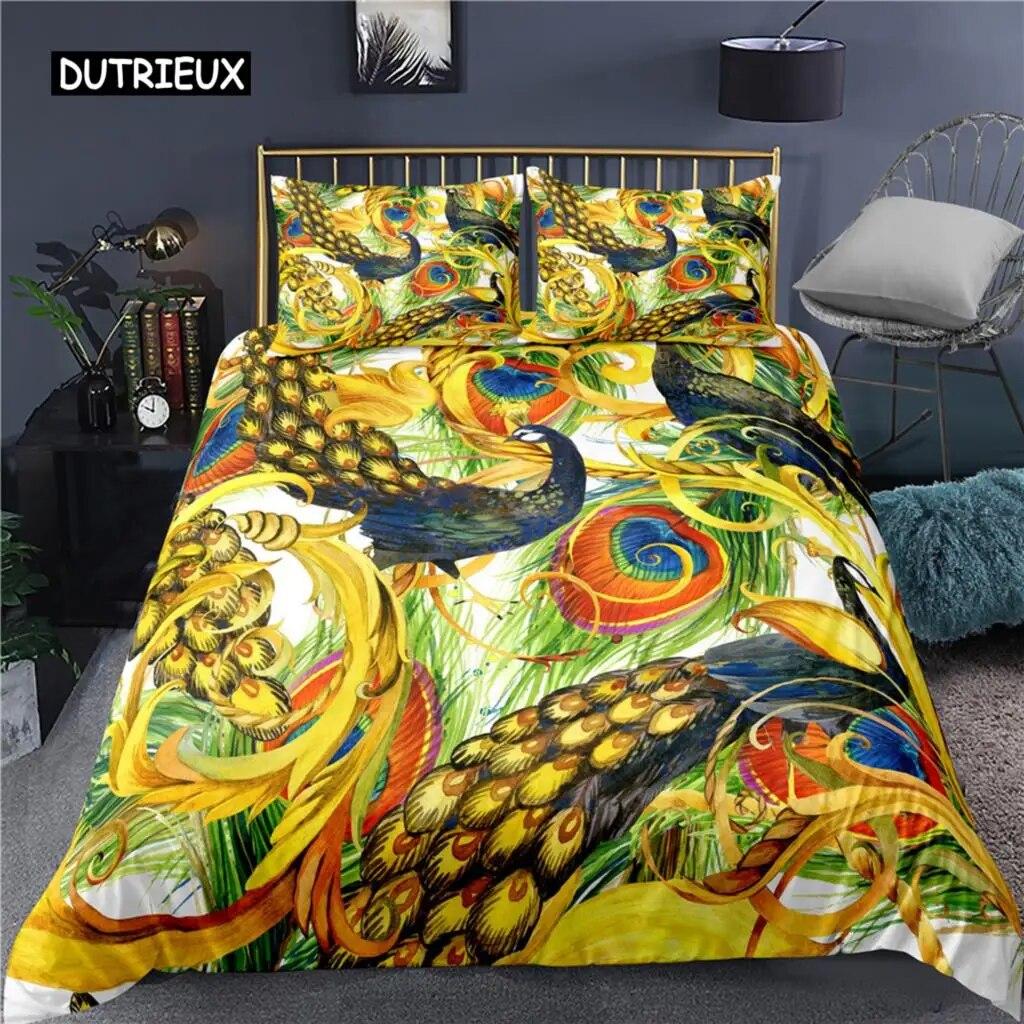 Peacock Duvet Cover Plum Blossom Decor Bedding Set King Size Crane Peacock Feather Floral Pattern Romantic Polyester Quilt Cover  Three-piece Set