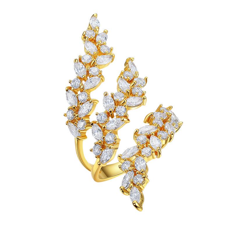 Elegant Wheat Ear Design Women's Ring, Full Diamond, Copper-Plated with 18K White Gold - Model R6685.