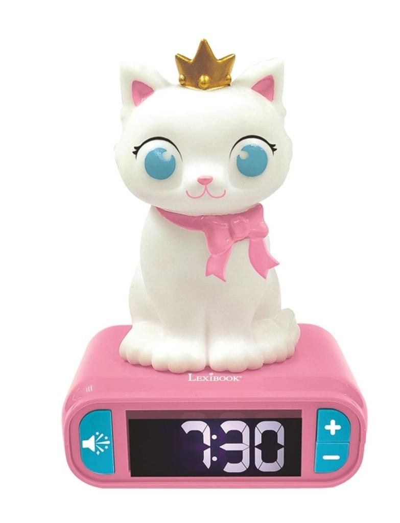 LEXIBOOK - Réveil veilleuse Chat - Sons et mélodies, écran LCD rétro-éclairé et lumineux - Blanc, Rose
