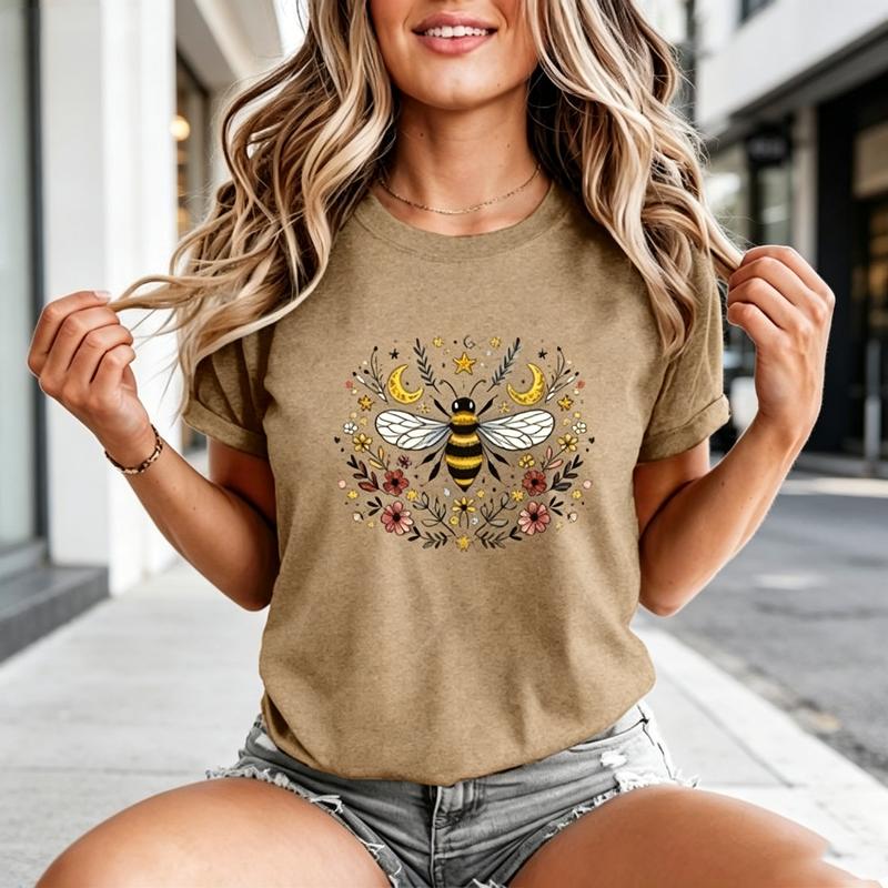 Bee and Floral Graphic Print Tees for Unisex and Unisex Vintage Style Short Sleeve T Shirt