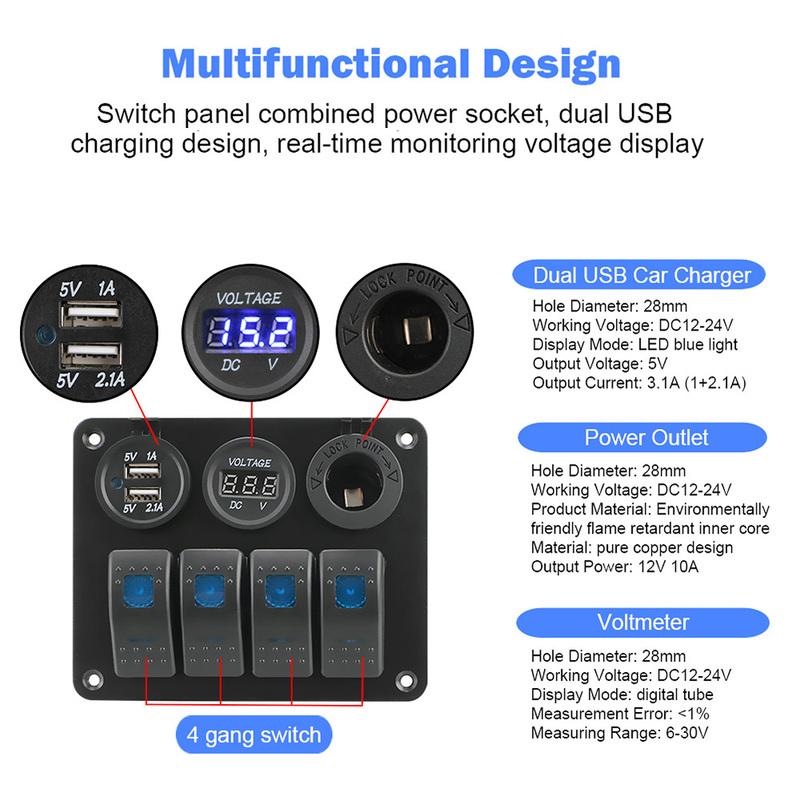 For Car RV Camper Caravans 4 Gang Switch Panel MotorHome Dual USB Port Digital Voltmeter Circuit Breaker LED Rocker Socket Panel