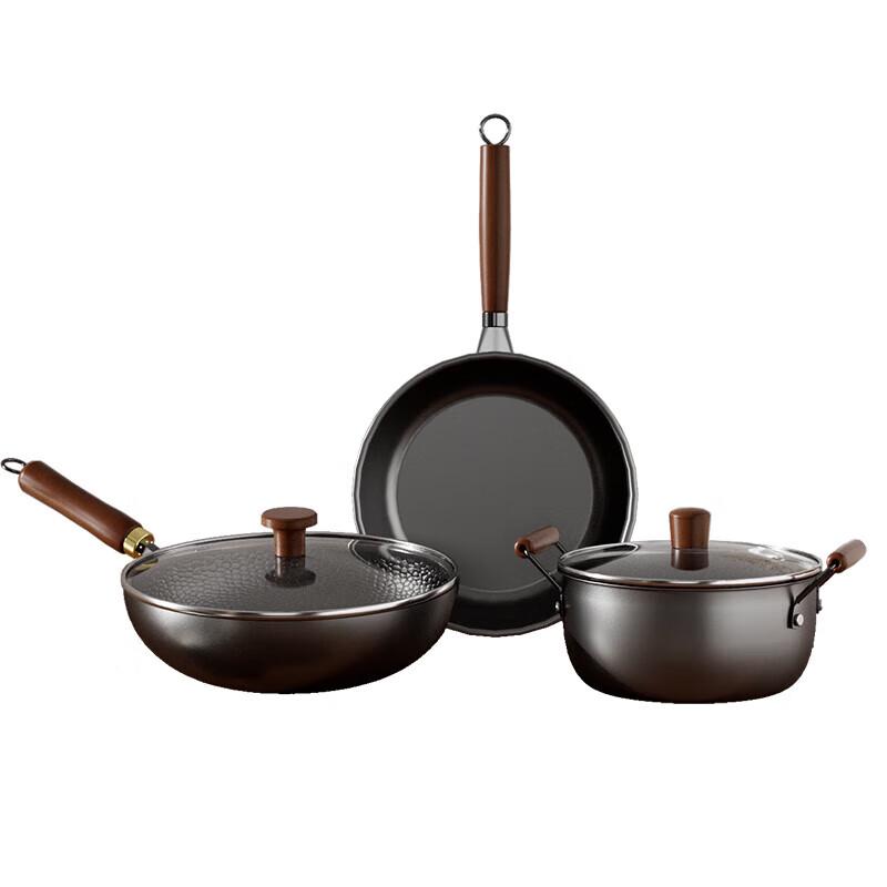 Velosan Nitrided Wrought Iron Wok 3-Piece Set with Beech Wood Handle