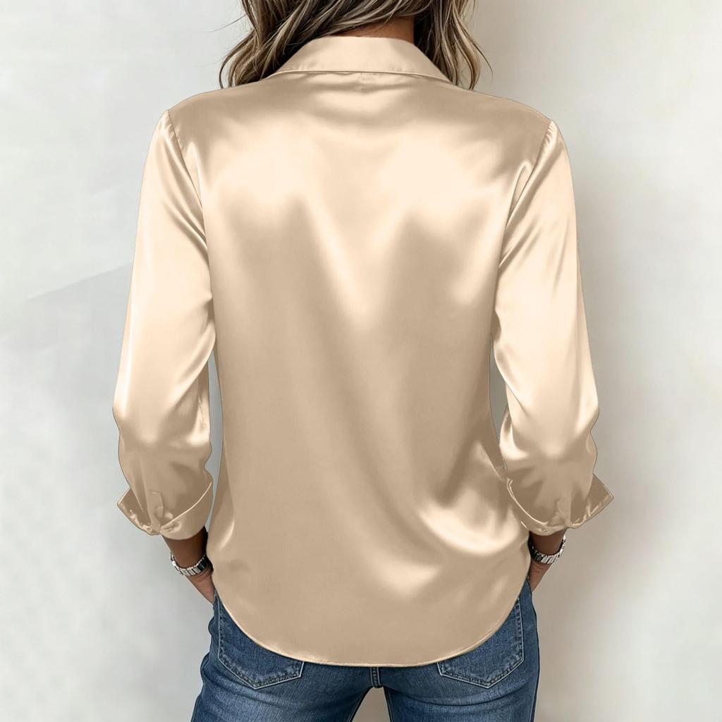 Women's Satin Button Collar Shirt Long Sleeve Silk Feel Blouse Split Hem Smooth Fabric Top for Casual Workwear
