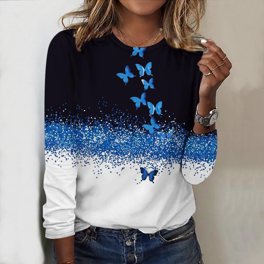 

Топы для женщин, цветная бабочка, круглый вырез, длинный рукав, футболка, осенний повседневный тонкий пуловер, женский топ с длинным рукавом 8XL синий