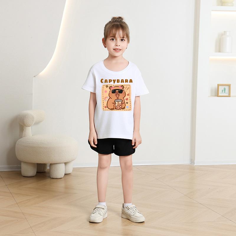 Kinder T-Shirt Capybara Aufdruck Kinder 100% Baumwolle Kleidung Oberteile 2-13J Locker geschnitten Lässig Rundhalsausschnitt Kurzarm T-Shirt