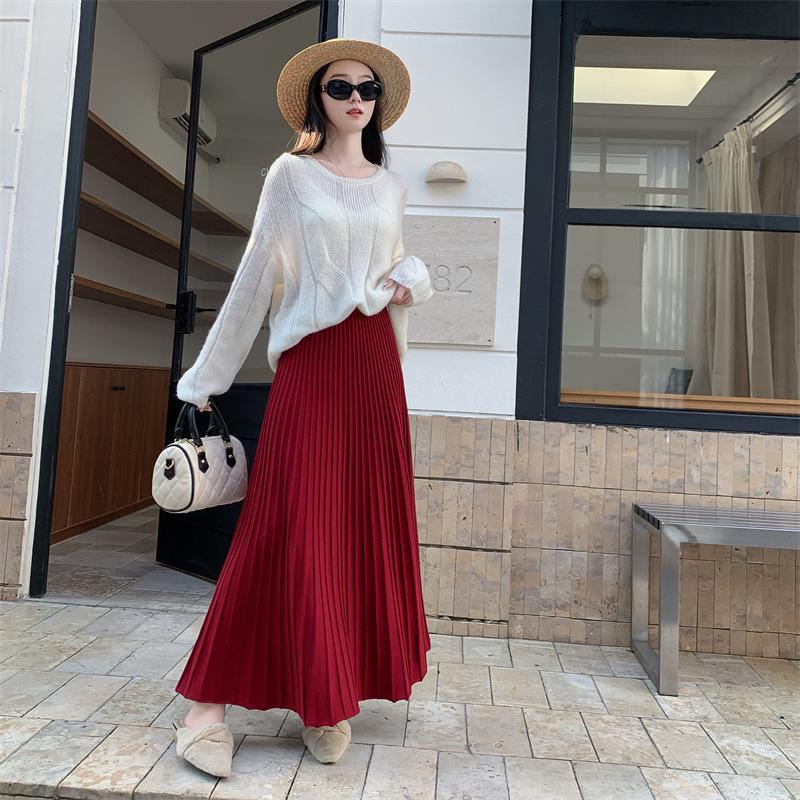 Women's High-Waist A-Line Knit Skirt - Hip-Covering, Wide Hem, Plus Size, Autumn-Winter, Thickened, Slimming Pleated Long Skirt